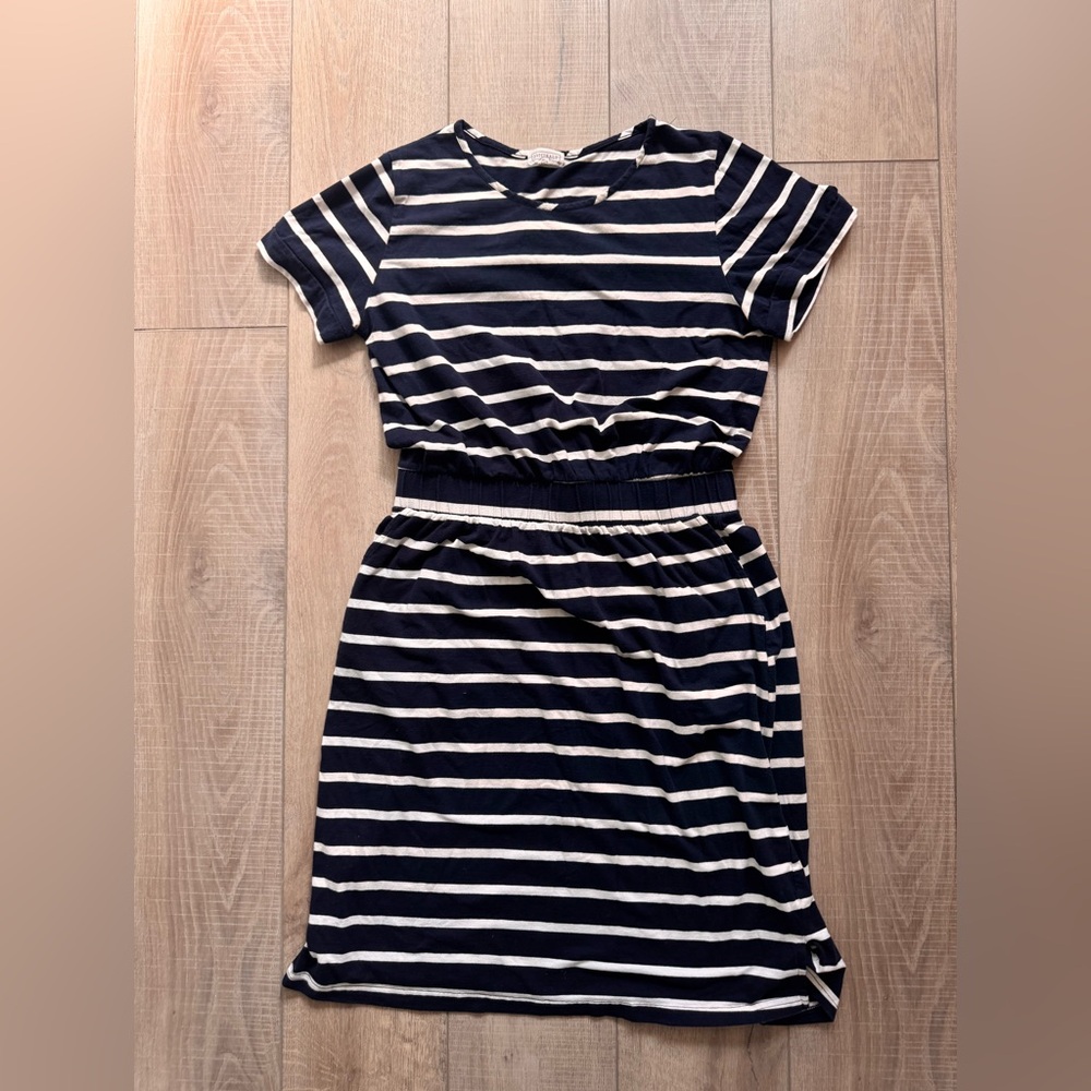 Navy and White Striped Dress Pockets Nautical Yacht Coastal Beach Summer